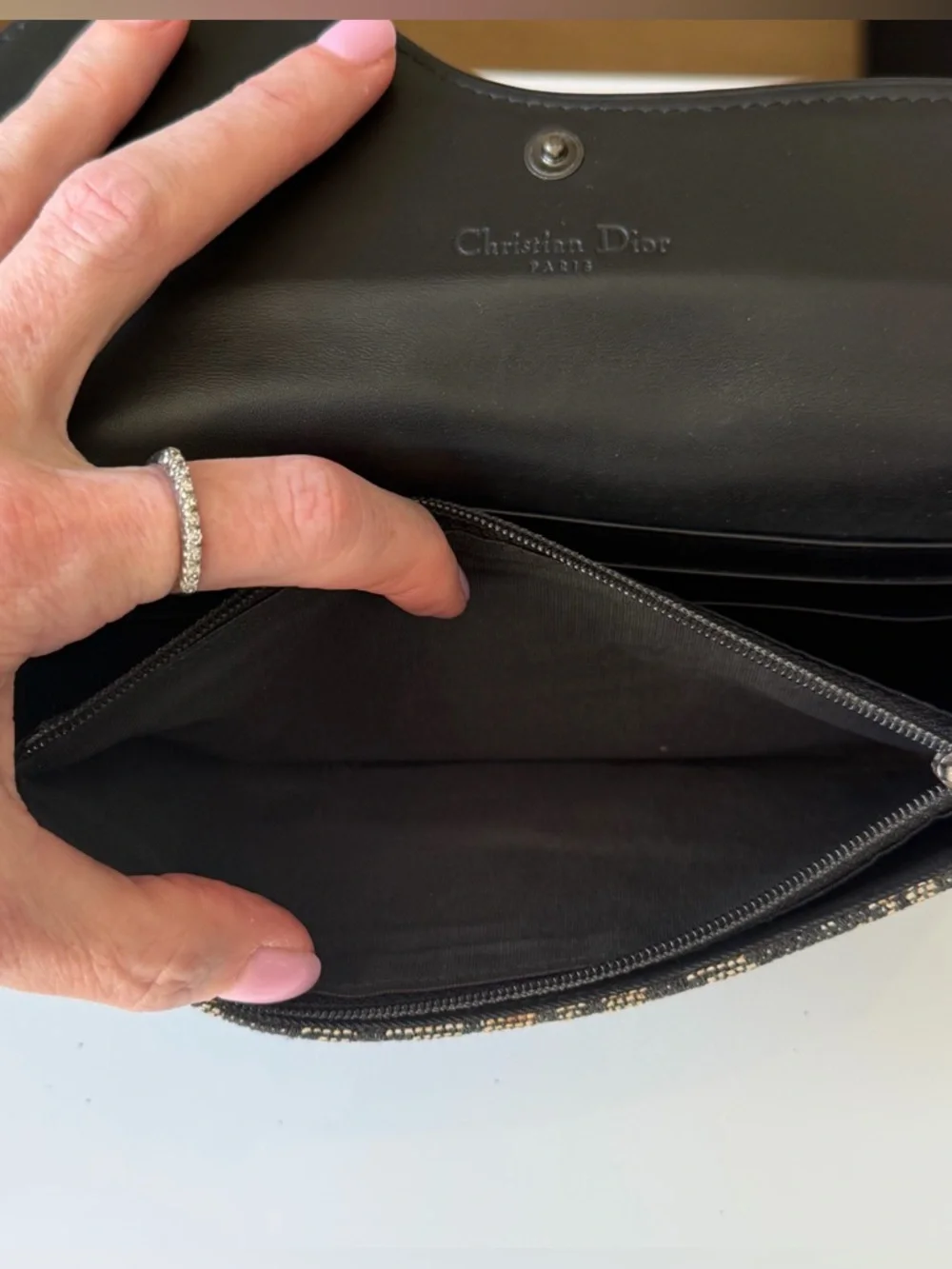 Christian Dior Oblique Saddle Wallet with D Charm Black Gray Canvas